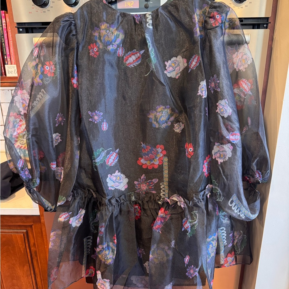 Cynthia Rowley Grace Organza Black Floral Mini Dress, sz L, NWT